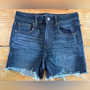 American Eagle: Super Stretch High Rise Shortie Dark Wash Denim Jean Shorts 4